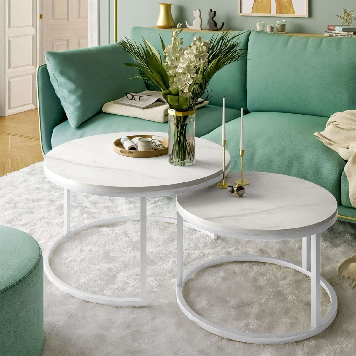 Okrągły stolik kawowy CIRI 2w1 biały marmur levanto 60/80 cm