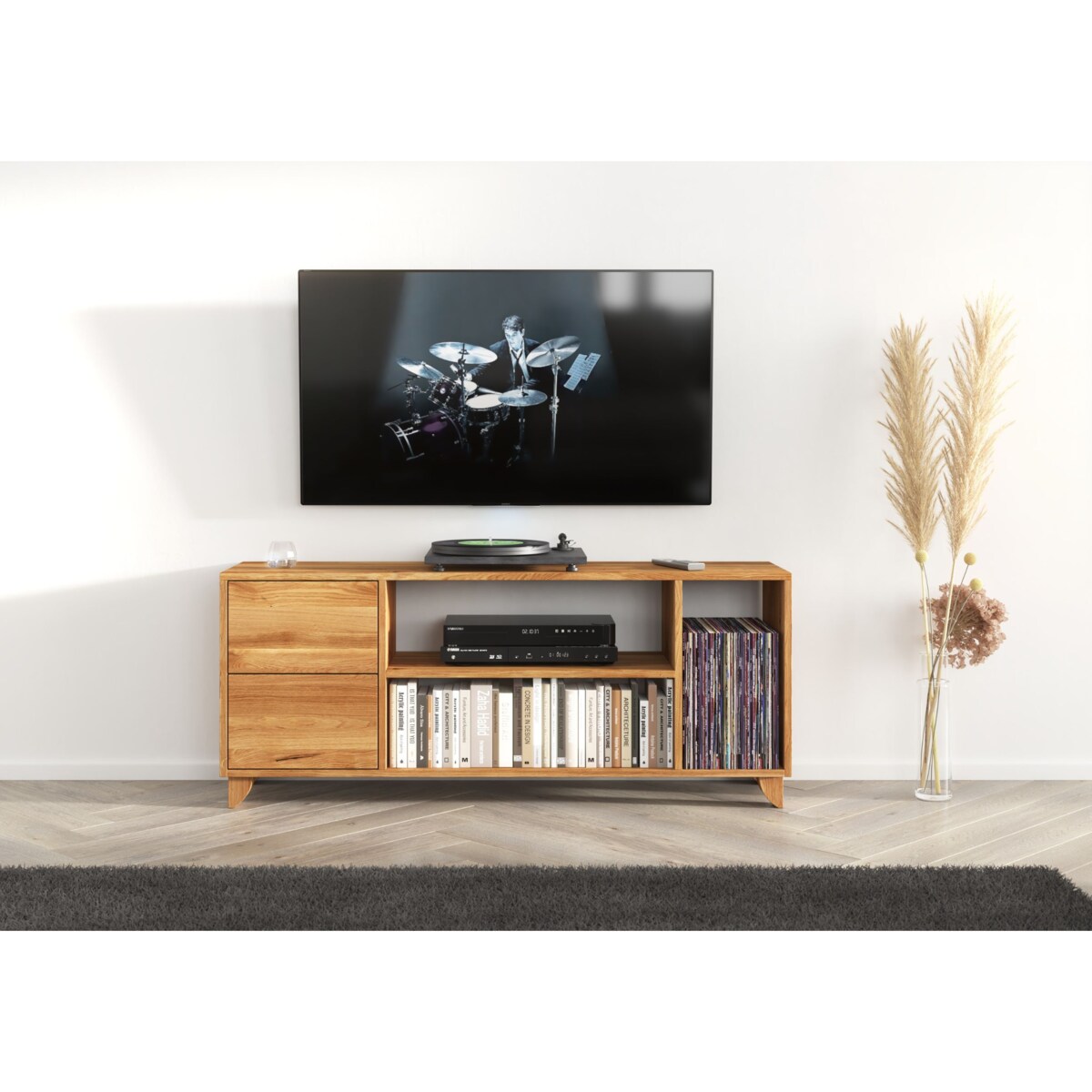 Drewniana szafka Rtv dębowa Visby Viveca na nóżkach/ Lakier naturalny