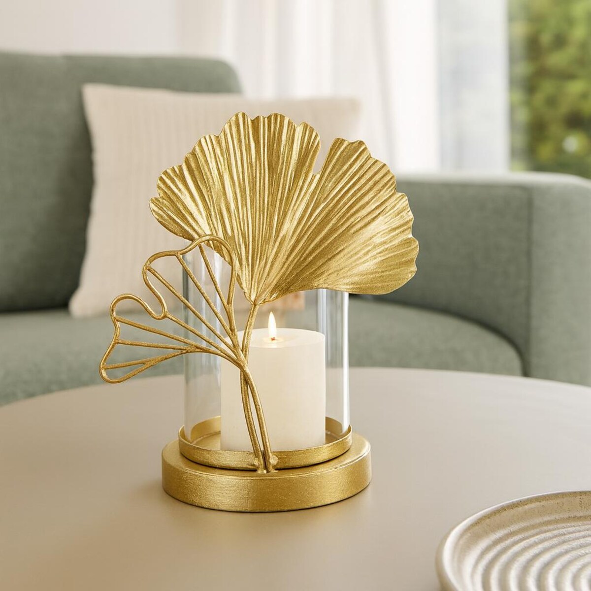 Świecznik metalowy LEAF, motyw liścia, złoty, 17x12x21 cm