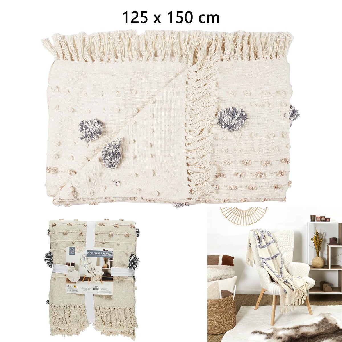 Koc boho Tuffo kremowy z frędzlami na kanapę do salonu ciepły i miękki 150x125 cm