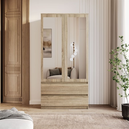 Dwudrzwiowa szafa HANA SS-90 z lustrem, dąb sonoma