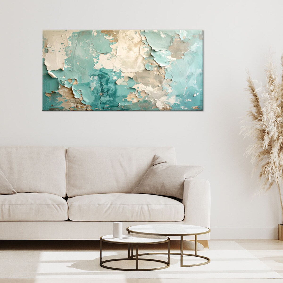 Obraz do salonu sypialni biura loftu, Abstrakcja imitacja farby w beżowo turkusowych kolorach 80x40 cm