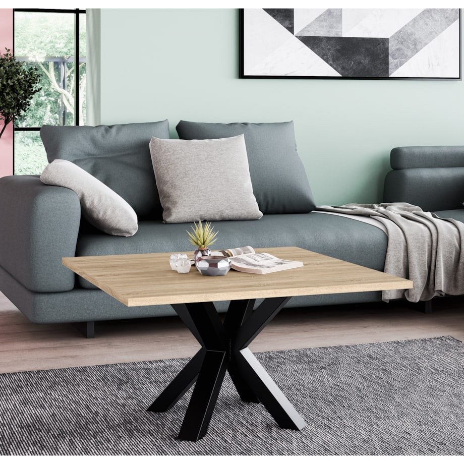 Stolik kawowy NEO kwadratowy 80x80 z metalową podstawą- dąb sonoma