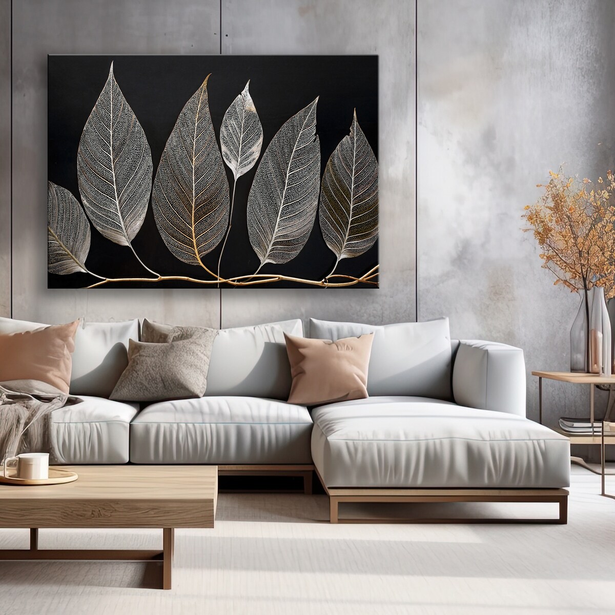Obraz Minimalistyczny Liście Gałązka Glamour Srebrny 100x70