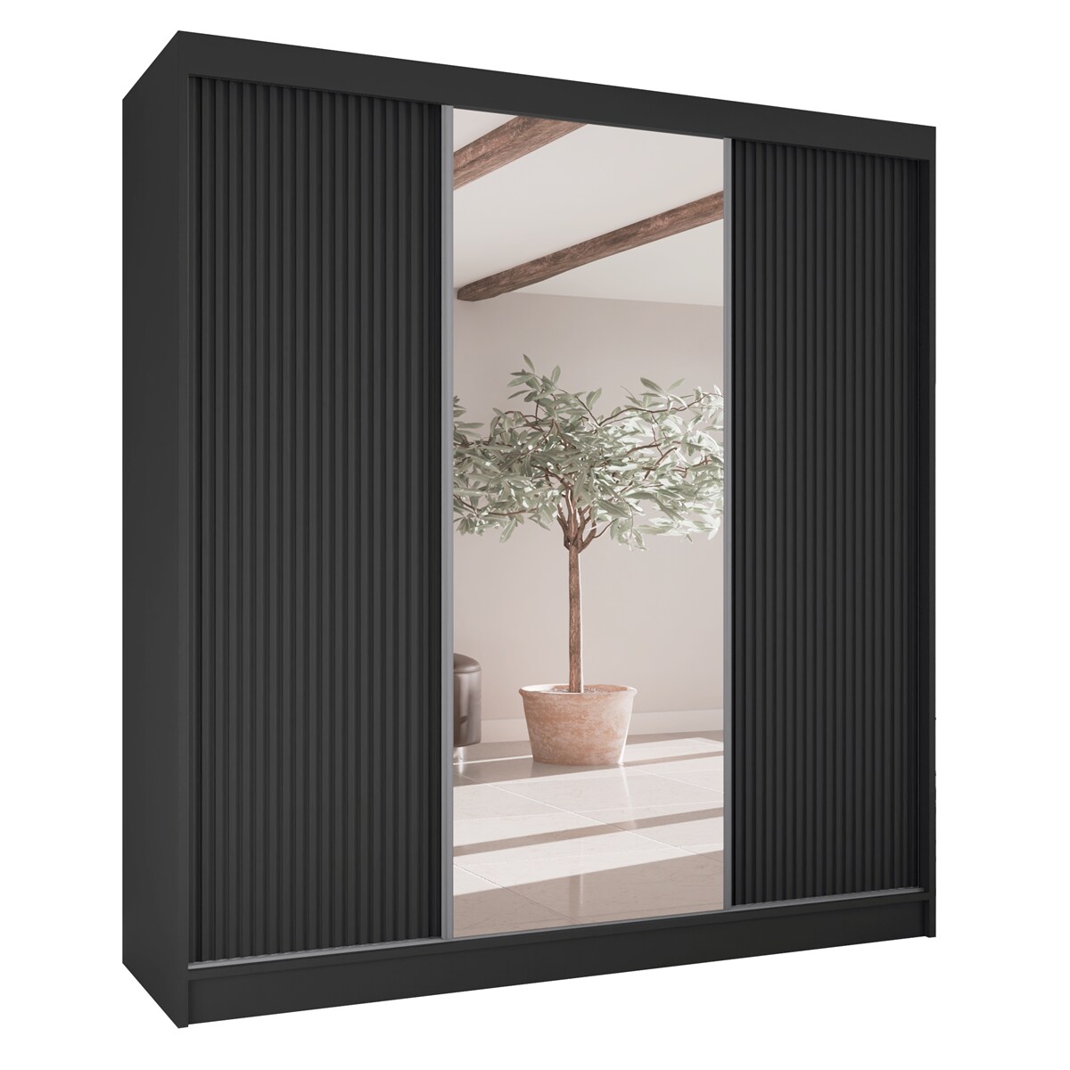 Szafa przesuwna ryflowana 200 z lustrem do przedpokoju- czarna