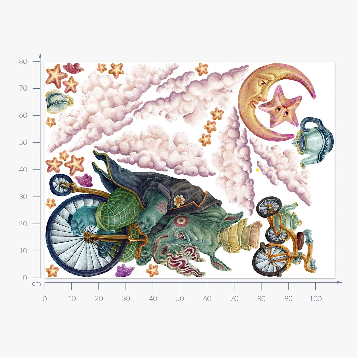 Zestaw naklejek na ścianę, Zwierzęta z bajki - nosorożec, 80cm