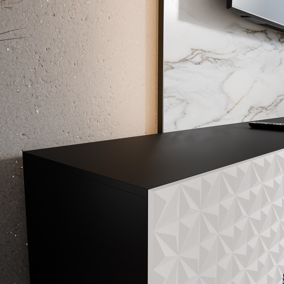 Szafka RTV ALI 300 cm zamknięta z ozdobnymi frontami -biały+czarny