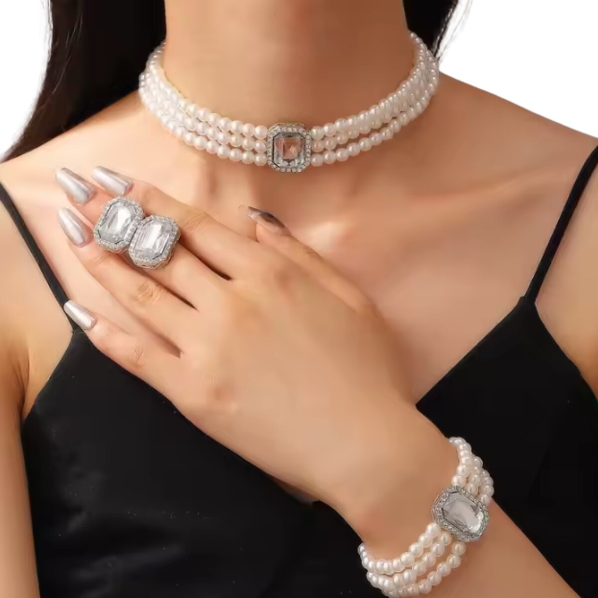 Komplet kolczyki, kolia bransoletka vintage perły elegancki szeroki trendy