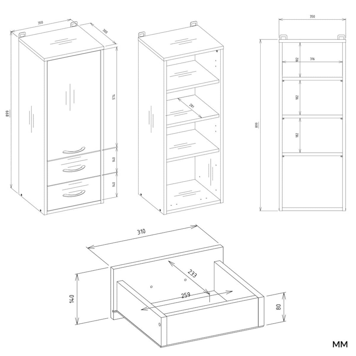 Szafka Łazienkowa Wisząca NINA W1D2S BIAŁY 2 Szuflady 3 Pólki