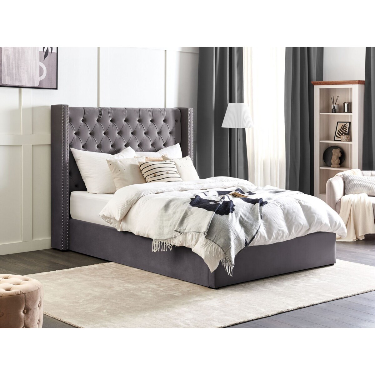 Łóżko z pojemnikiem welurowe 140 x 200 cm szare LUBBON