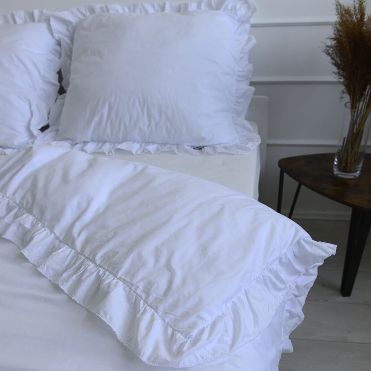 Pościel bawełniana z falbanką biała 140x200 + 50x60