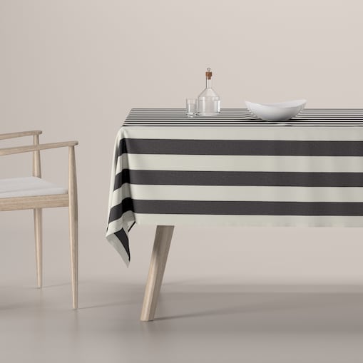 Obrus prostokątny 130 x 210 cm biało-grafitowe pionowe pasy (5,5cm)