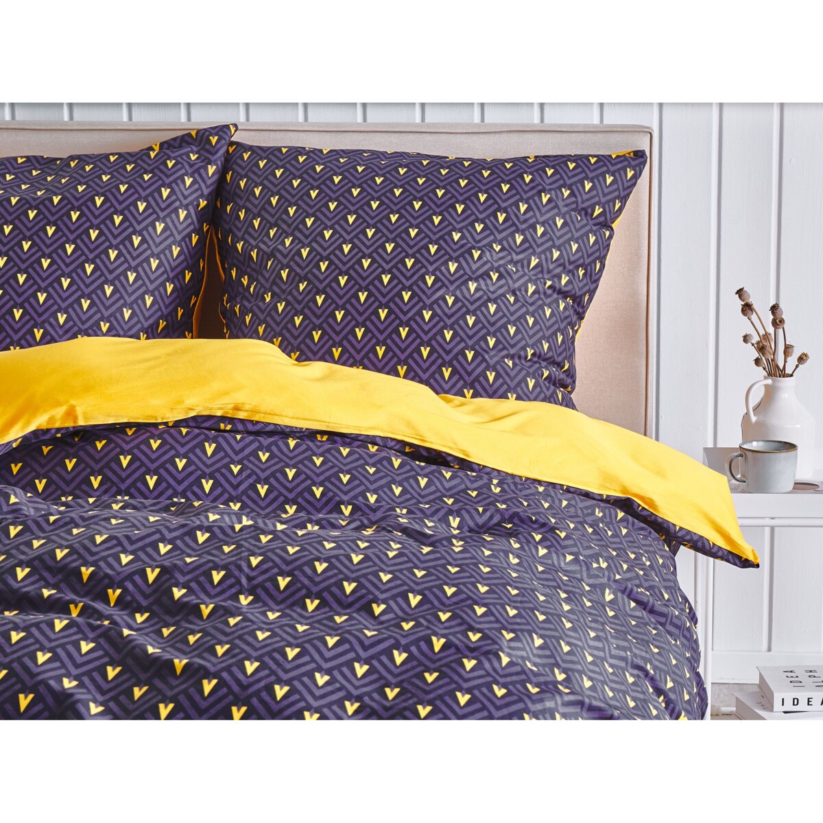 Komplet pościeli bawełnianej satynowej w jodełkę 155 x 220 cm niebiesko-żółty WALLINGFORD