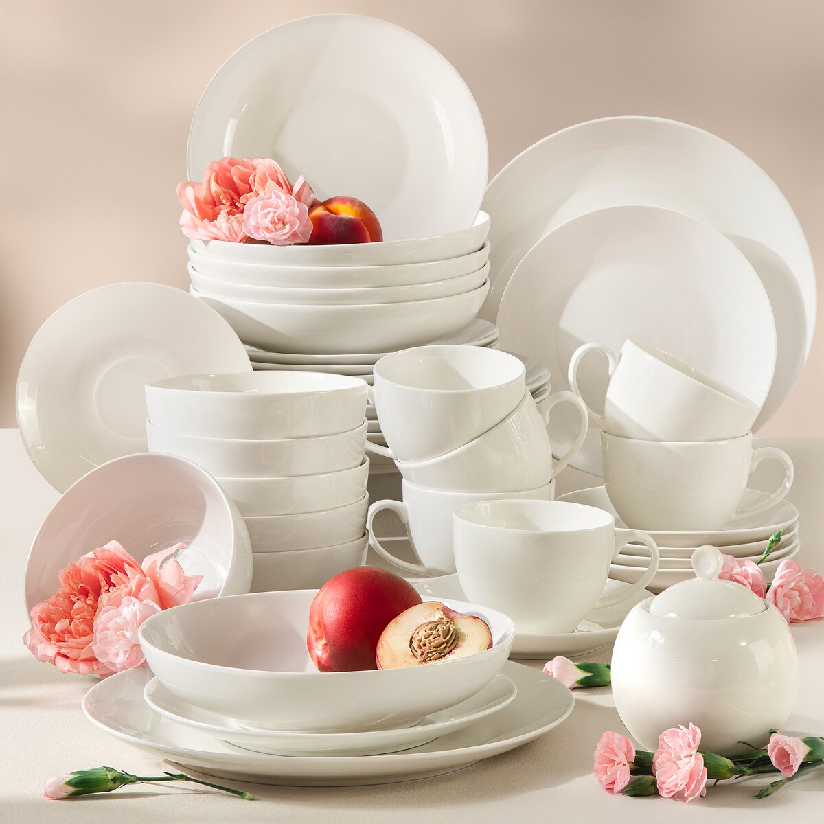 KONSIMO AD BELLA, Zestaw obiadowo-kawowy 6 os. (37 el.), kolor ecru