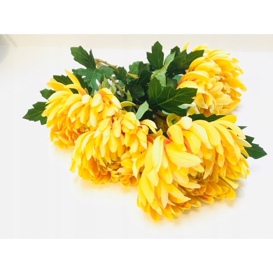 BUKIET DUŻY chryzantemy ŻÓŁTE sztuczne LIŚCIE do flakonu na cmentarz grób