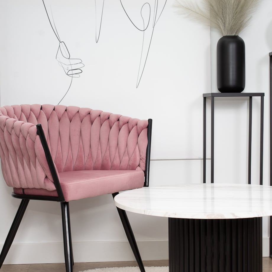 Krzesło tapicerowane do salonu glamour welurowe plecione różowe