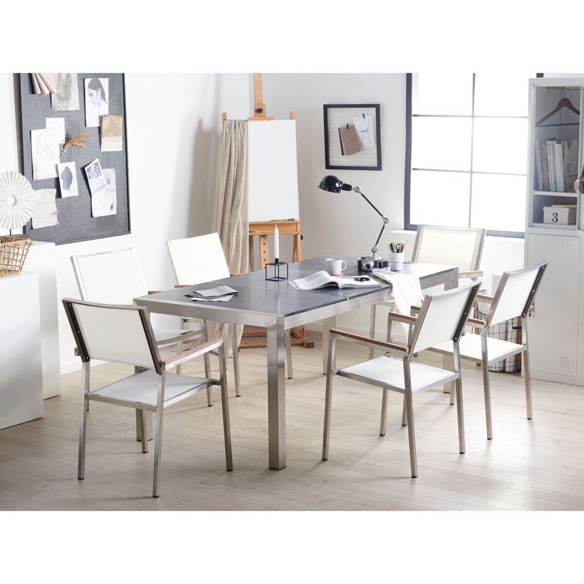 Zestaw ogrodowy stół granit palony dzielony blat czarny i 6 krzeseł białych GROSSETO