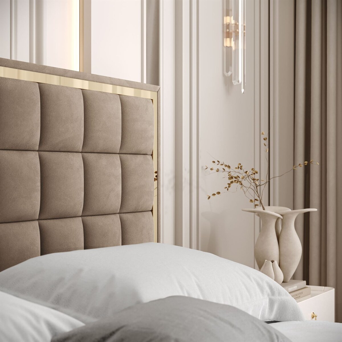 Łóżko tapicerowane ISADORA GOLD, pojemnik na pościel, stelaż 34, 140x200, RV 176