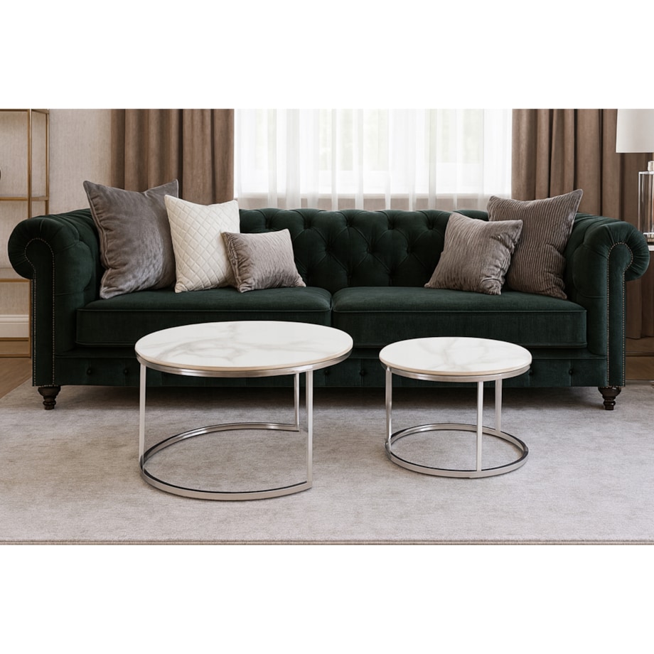 Stolik Kawowy Okrągły Zestaw 2w1 Ława Glamour Marmur Biały AMARA MAX