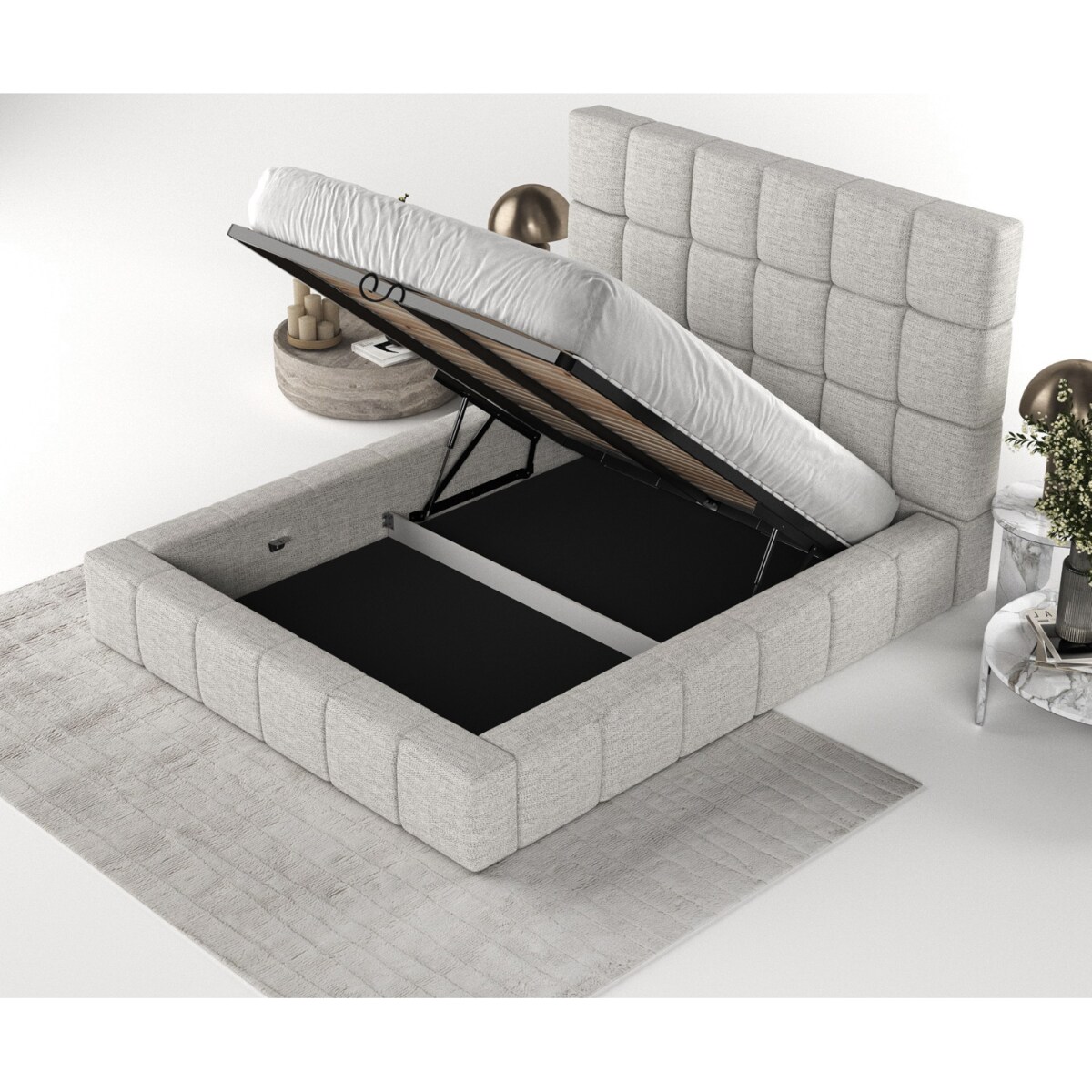 Łóżko tapicerowane SKIATHOS 160x200 z pojemnikiem, Jasny Szary, tkanina Modesto 481