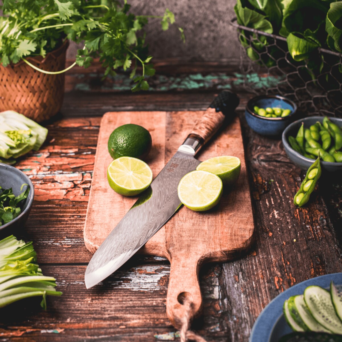 Japoński nóż szefa kuchni Koufuku w pudełku prezentowym Stal damasceńska AUS-10 Profesjonalny nóż