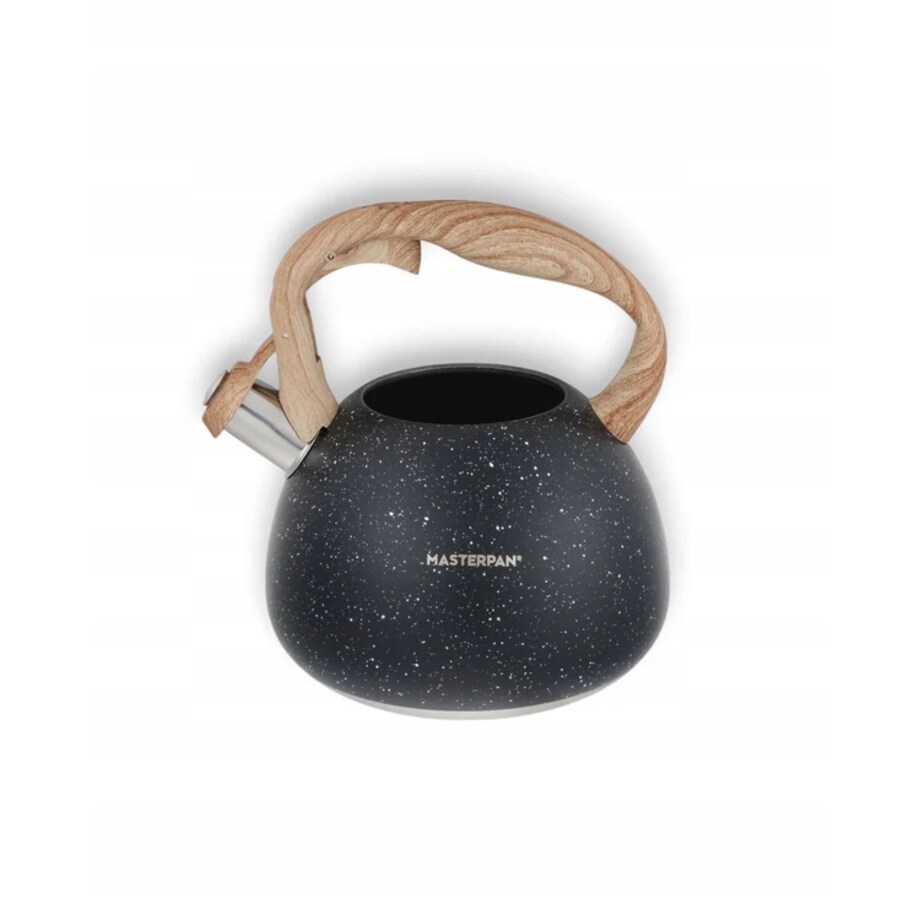 Czajnik Stalowy 2.8L Z Gwizdkiem Elegancki Czarny Z Drewnianym Uchwytem