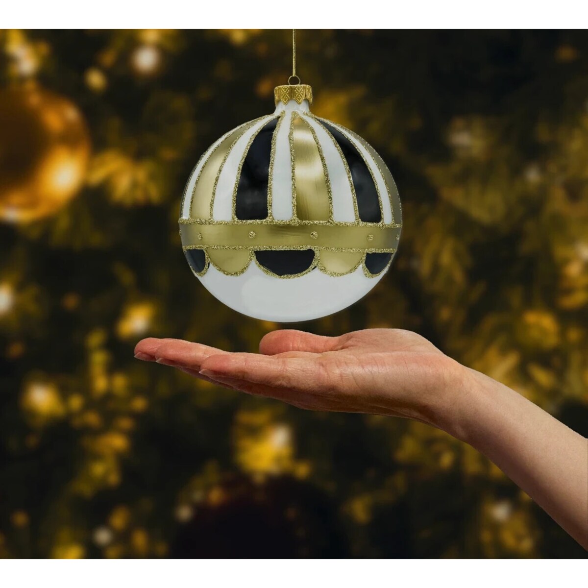 Bombka choinkowa: Okrągła biała: czarno-złoty 2 sztuki