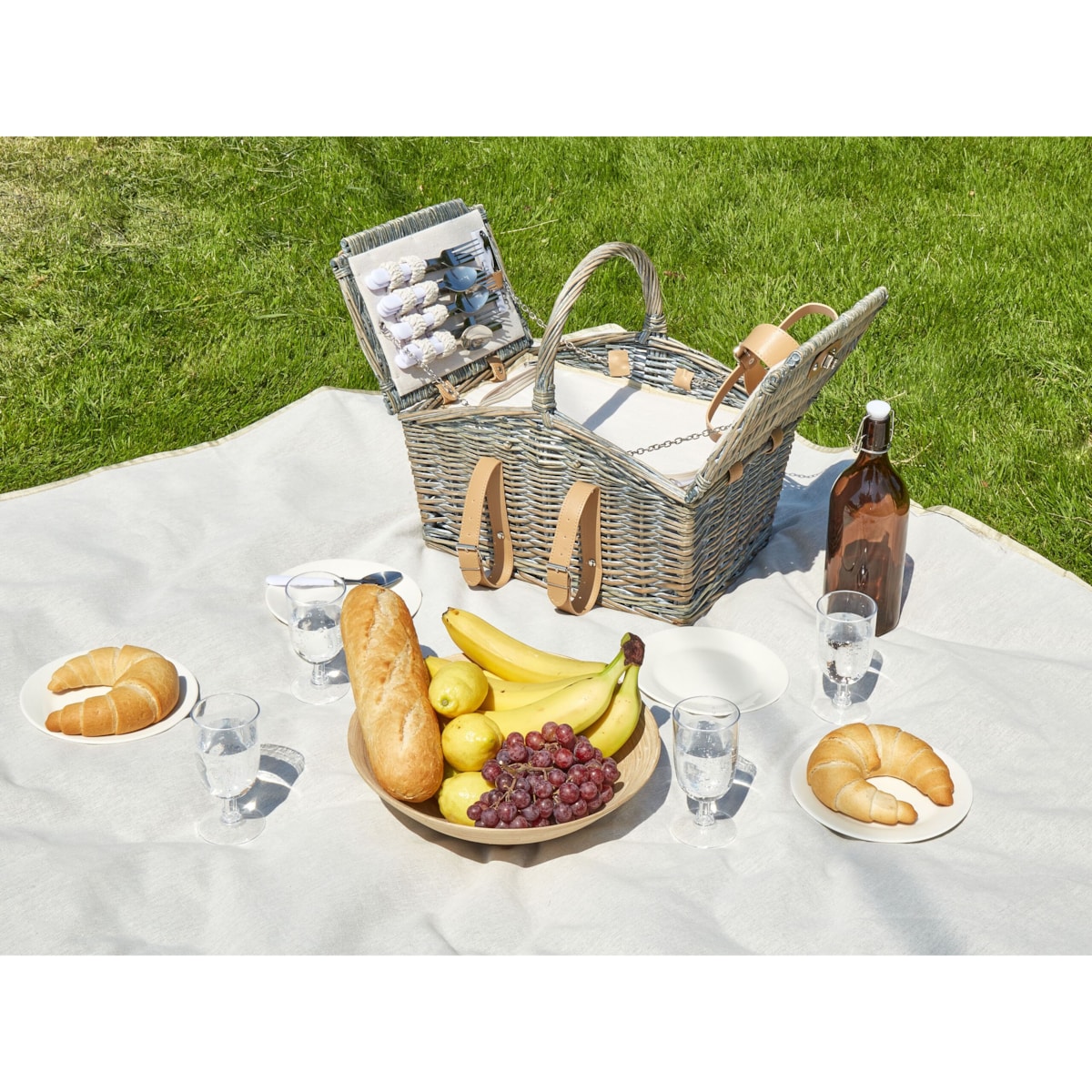 Kosz piknikowy z wikliny dla 4 osób naturalny z szarym CANELE