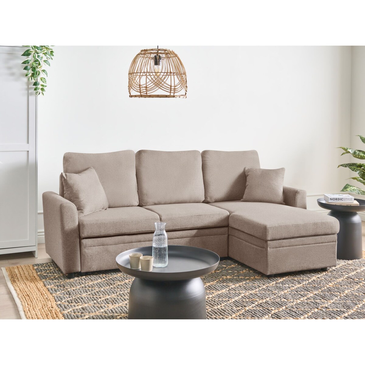Narożnik rozkładany NASSJO Len syntetyczny Jasnobrązowy ze schowkiem dla 3 osób Lewostronny