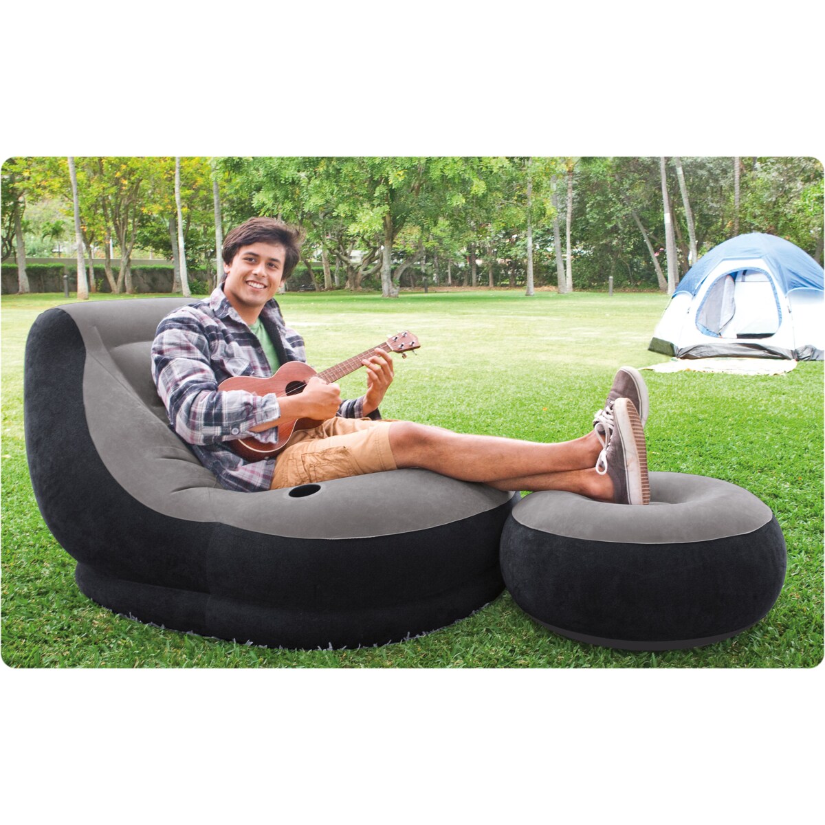 Fotel dmuchany materac podnóżek pufa Intex 68564