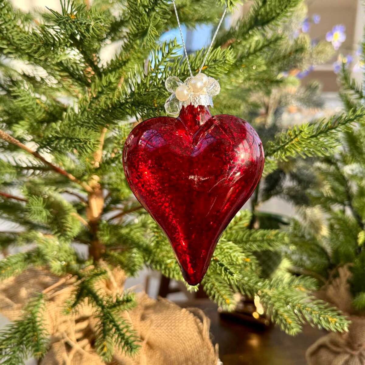 VILLA ITALIA Bombka szklana czerwona SERCE z koralikami 10 cm