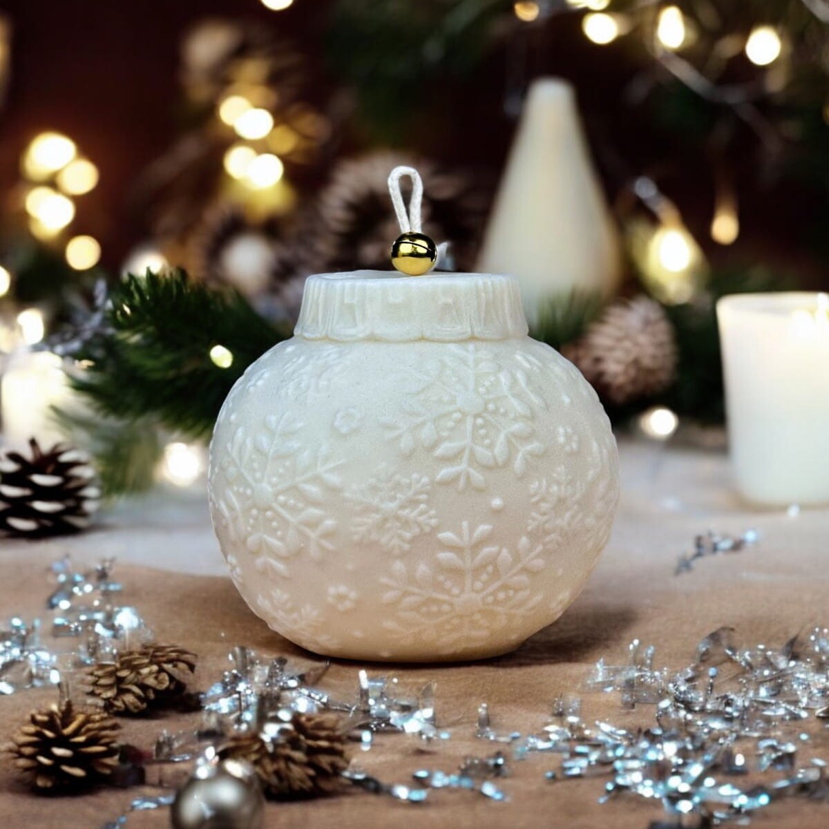 Świeca sojowa Bombka Śnieżynka – ręcznie robiona świąteczna dekoracja