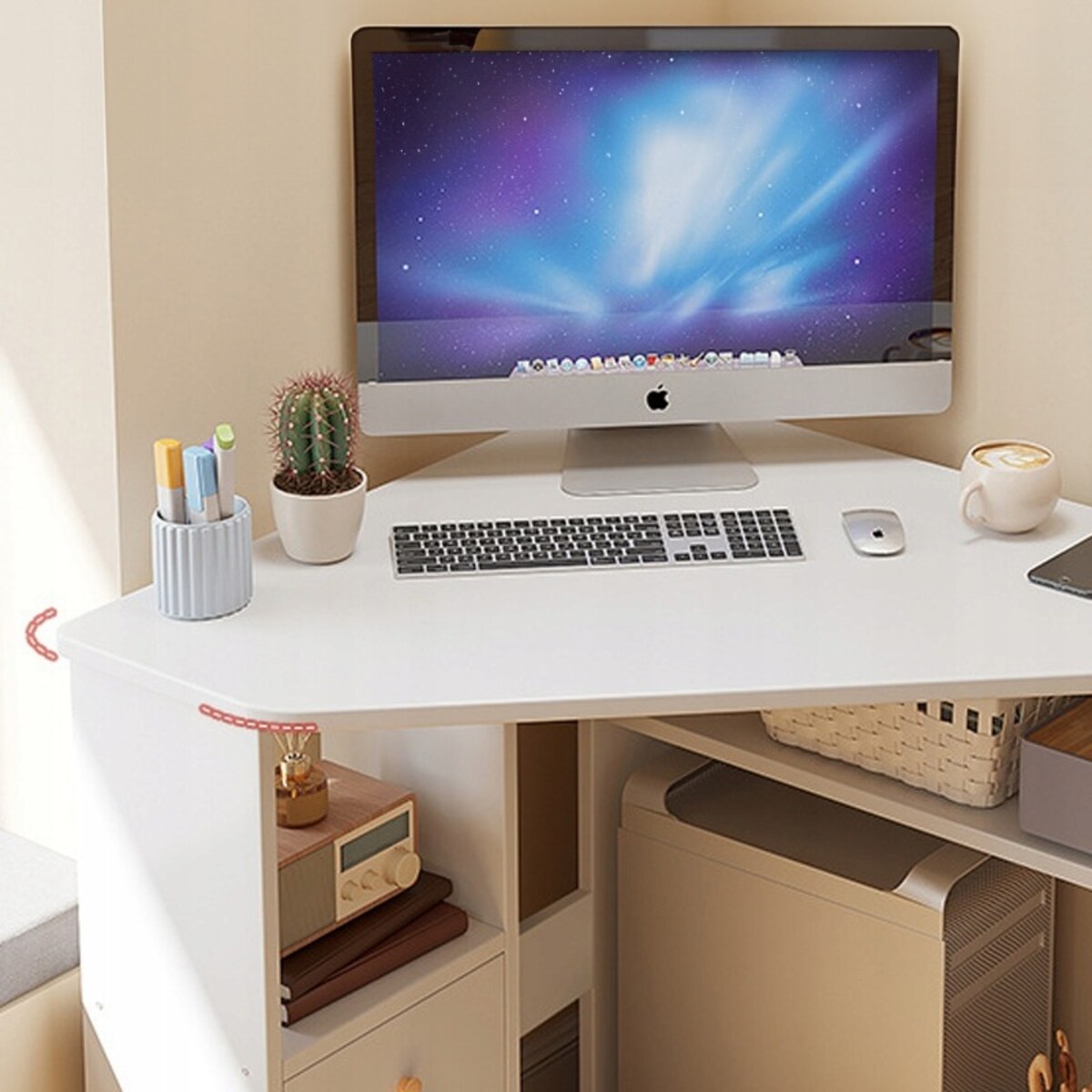 Biurko narożne trójkątne komputerowe z półkami nowoczesne białe loft 80x75