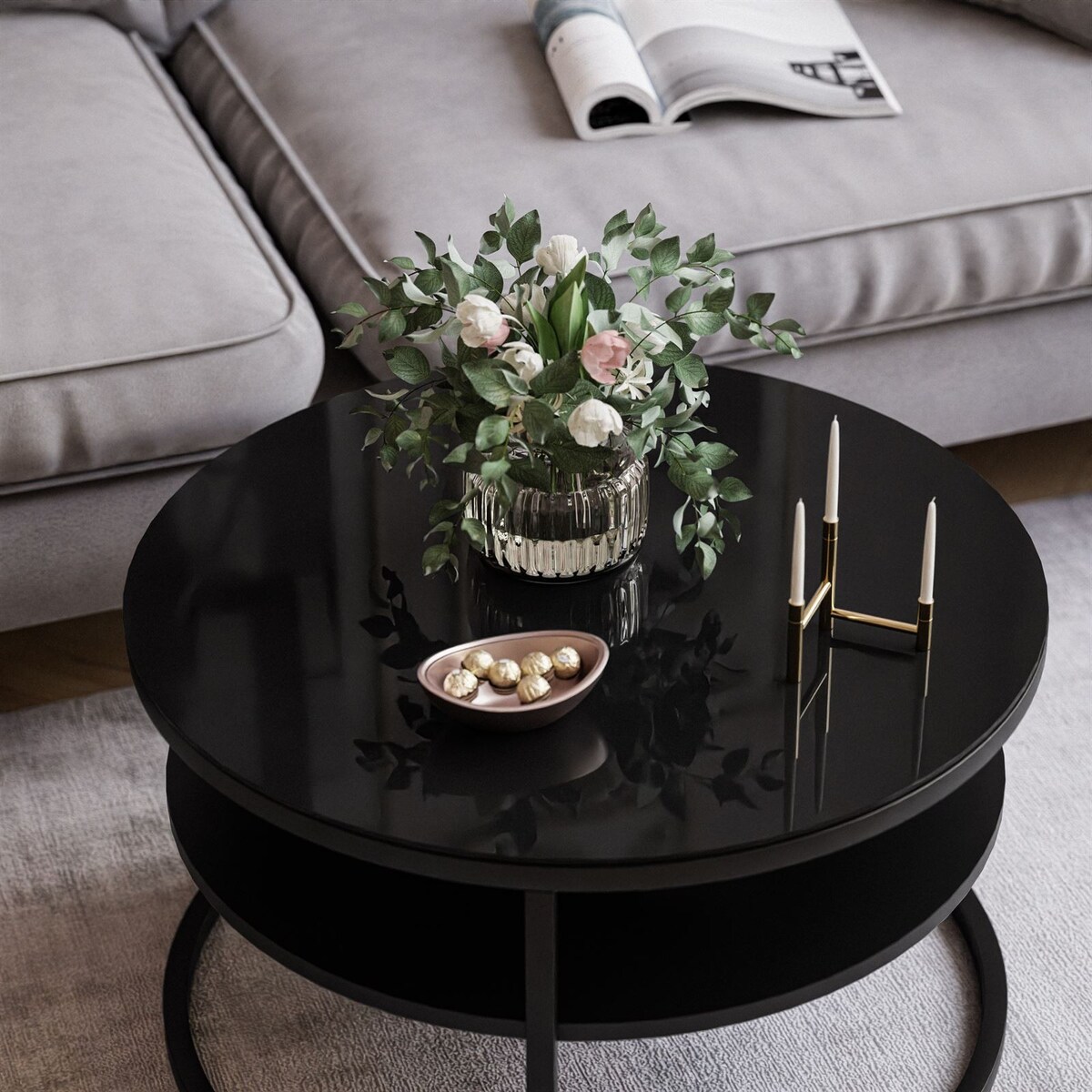 Stolik kawowy CIRI SLIM z półką czarne szkło