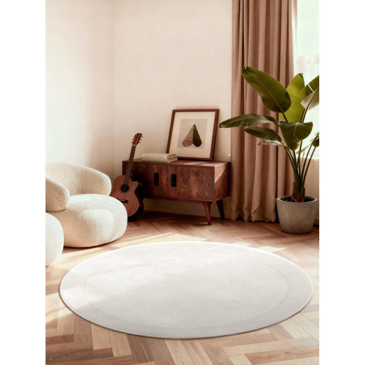 Dywan wełniany okrągły 150cm, ręcznie tkany kremowy z miękkim włosem