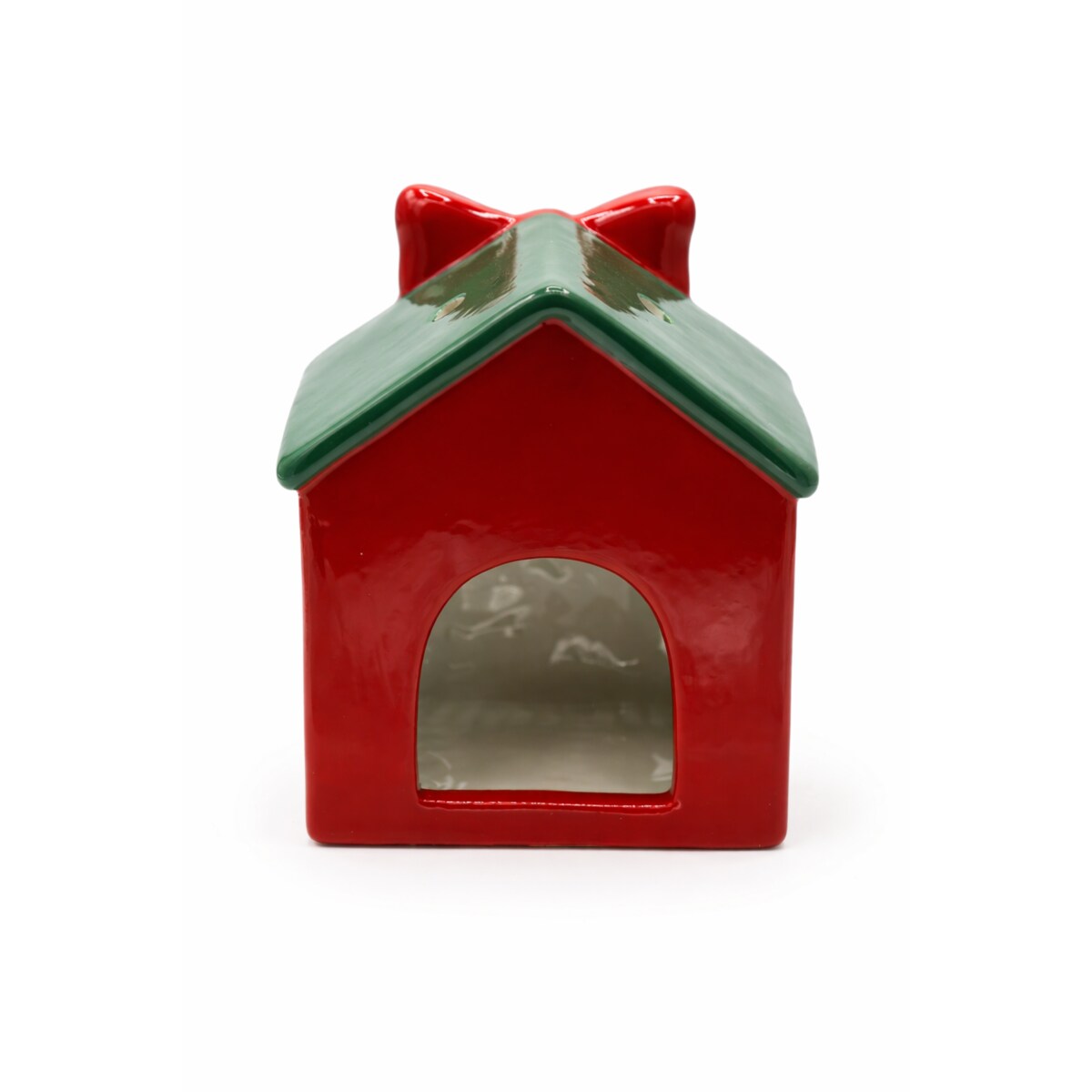 Ceramiczny domek na tea-lighty 15,3x12,1x9 cm czerwony z zielonym dachem