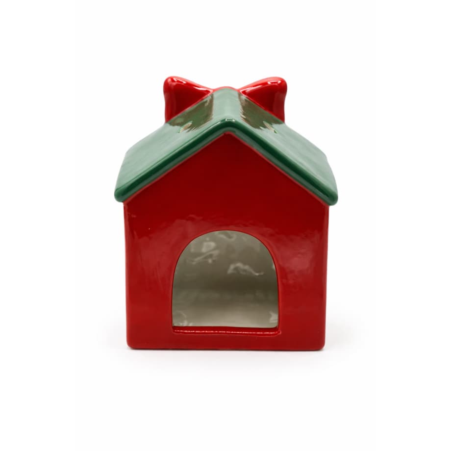 Ceramiczny domek na tea-lighty 15,3x12,1x9 cm czerwony z zielonym dachem