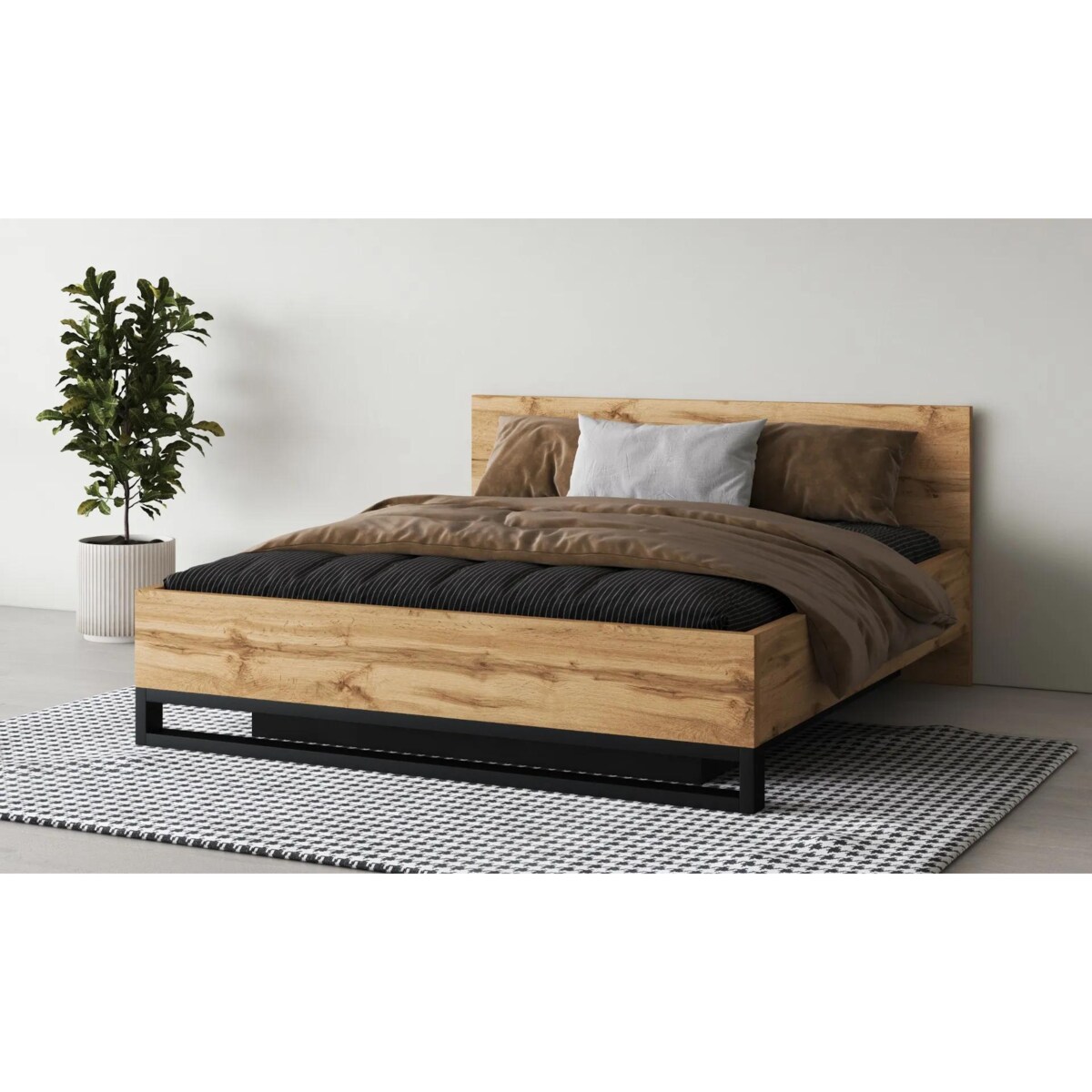 Łóżko HALLE 180x200 dąb wotan mat/czarne z pojemnikiem