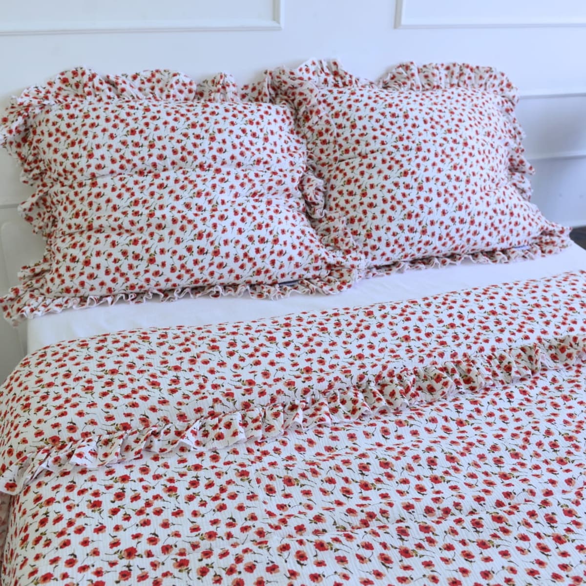 Pościel muślinowa z falbanką maki 140x200 + 50x60