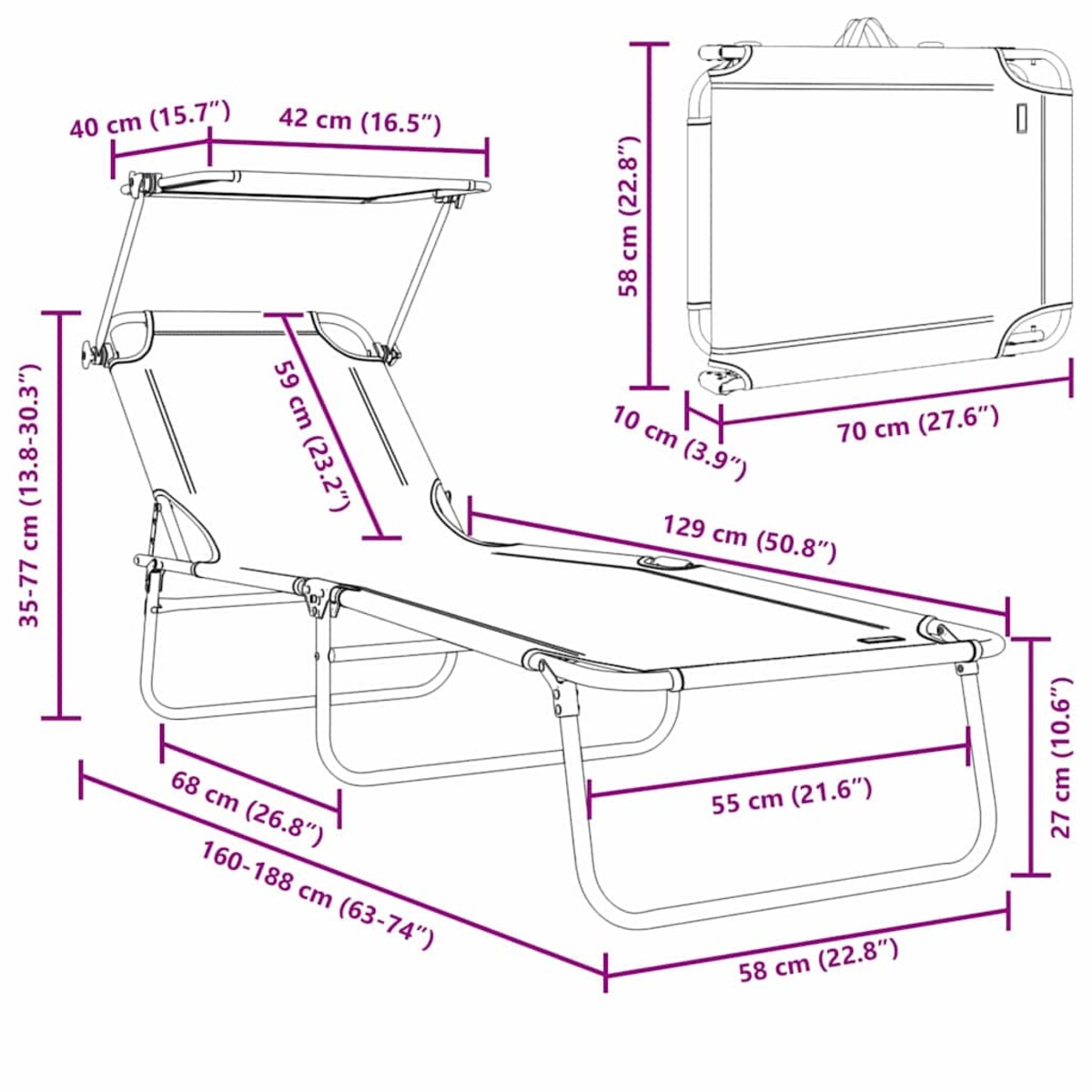vidaXL Leżak 2-osoba 2 pcs Ciemnoszary 58 x 188 x 77cm tkanina