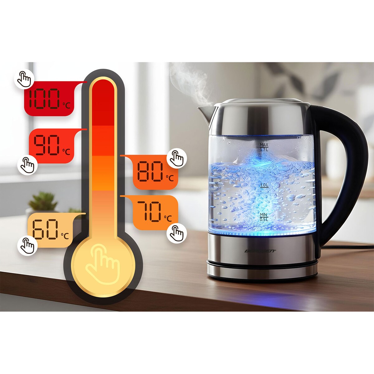 Czajnik elektryczny szklany z regulacja temperatury 1,7l Berdsen 371400