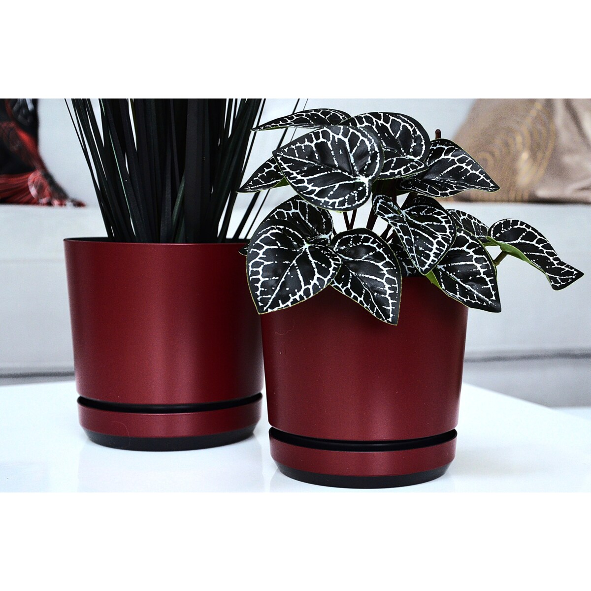 16 Doniczka z podstawką wzór BORDOWY nowoczesna z połyskiem elegancka pół mat