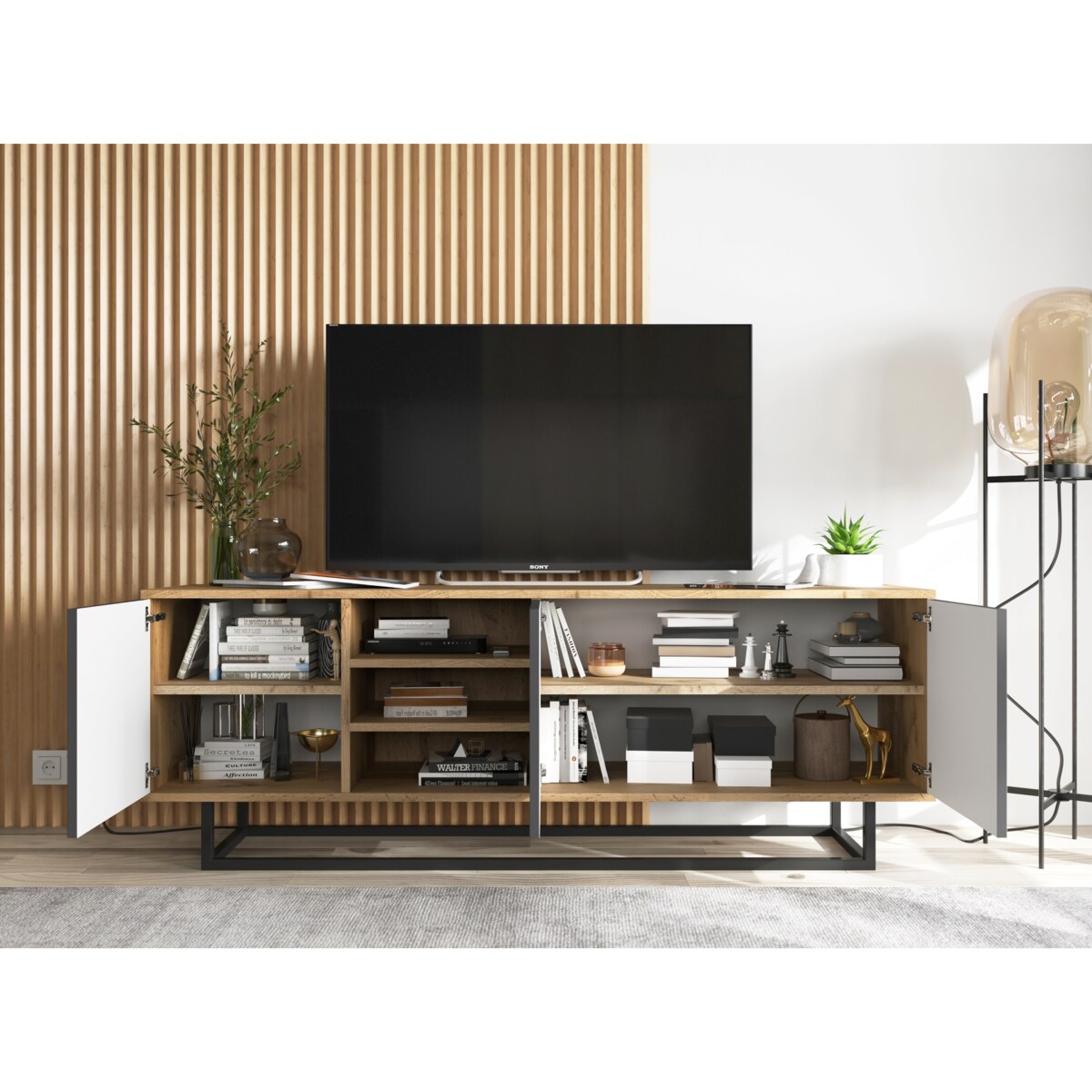 Szafka RTV Industrialna Komoda Loft Dąb Wotan Grafit MAT 150 cm