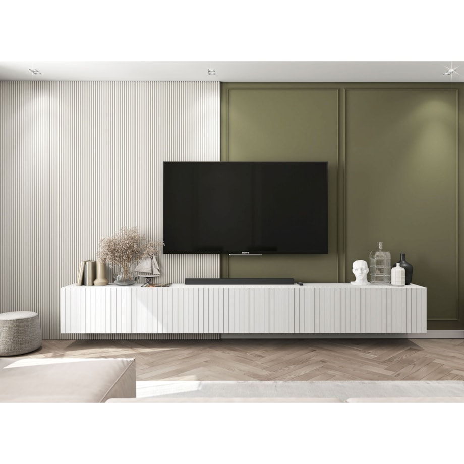 Wisząca Szafka RTV Glamour Nowoczesna Komoda RTV Biały MAT 300 cm