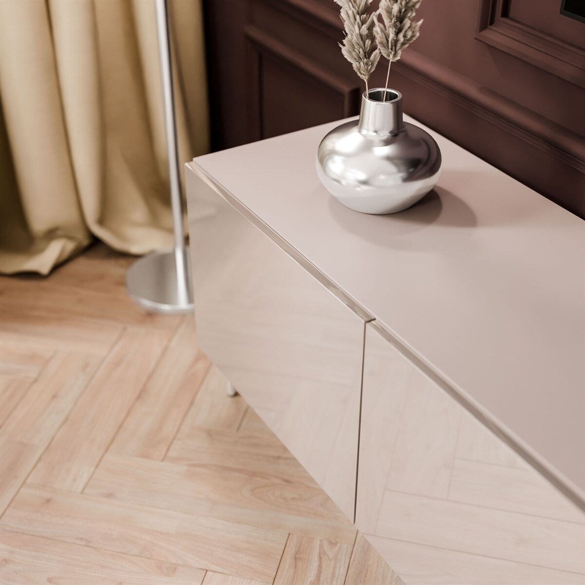 Szafka RTV COLGANTE 200 kaszmir wysoki połysk, oświetlenie LED, nóżki proste srebrne