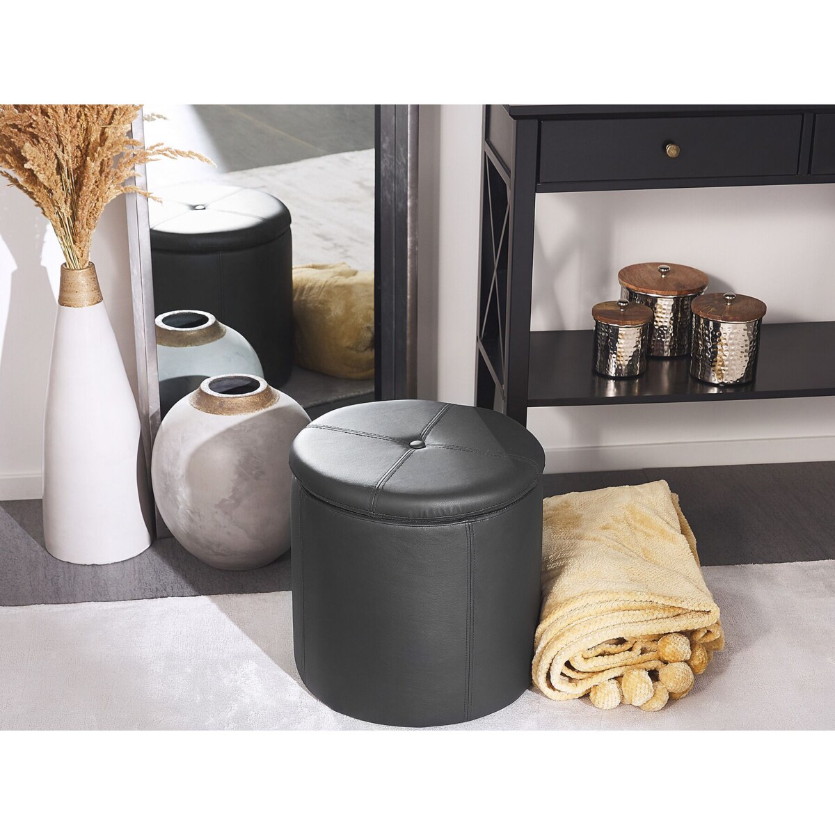 Puf ze schowkiem ⌀ 38 cm ekoskóra czarny MARYLAND