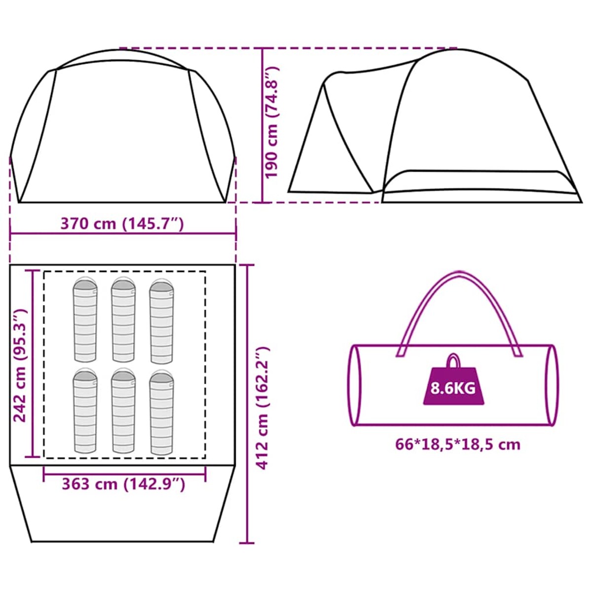 vidaXL Namiot rodzinny z przedsionkiem, 6-os., niebieski, wodoszczelny