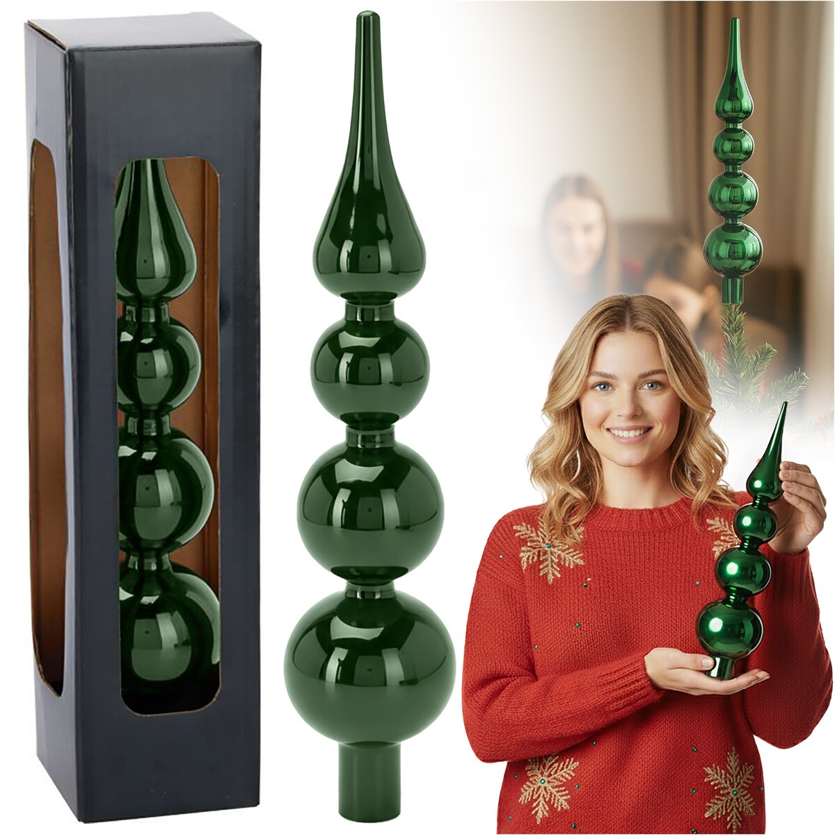 Czubek Na Choinkę Szpic Dekoracja Świąteczna Ozdobna Szklana 28 Cm Zielona