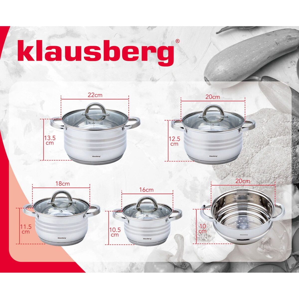 Zestaw garnków stalowych 9 ele. 2.1/2.9/3.9/5.0L KLAUSBERG