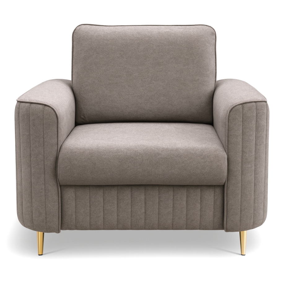 Fotel wypoczynkowy LOREN do salonu z pikowaniami na złotych nóżkach, taupe